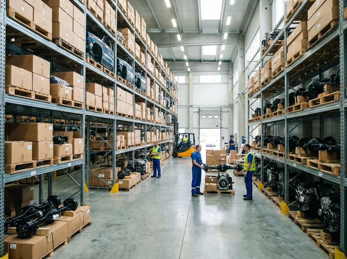 Almacen organizado de repuestos automotrices en Guangzhou con trabajadores y estantes para operaciones de exportacion
