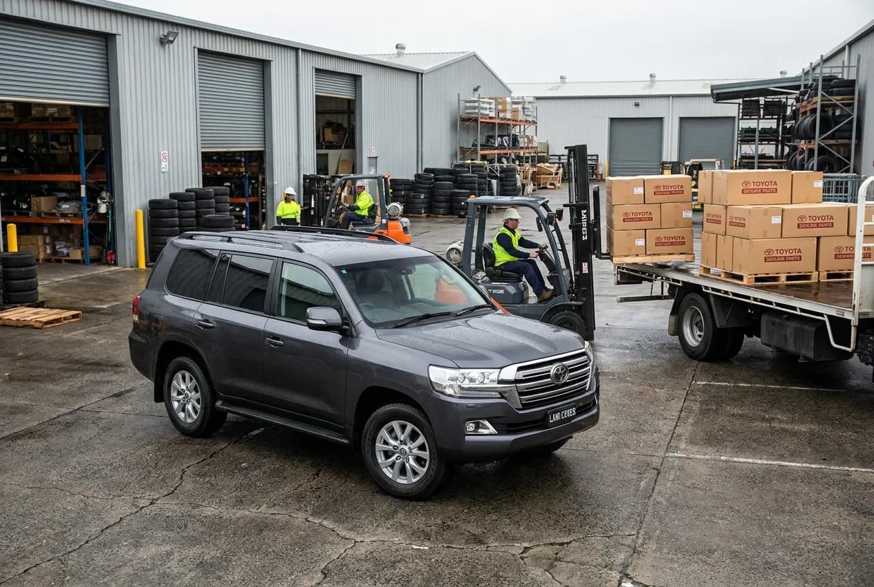 Toyota Land Cruiser parts ready for export order review at warehouse
