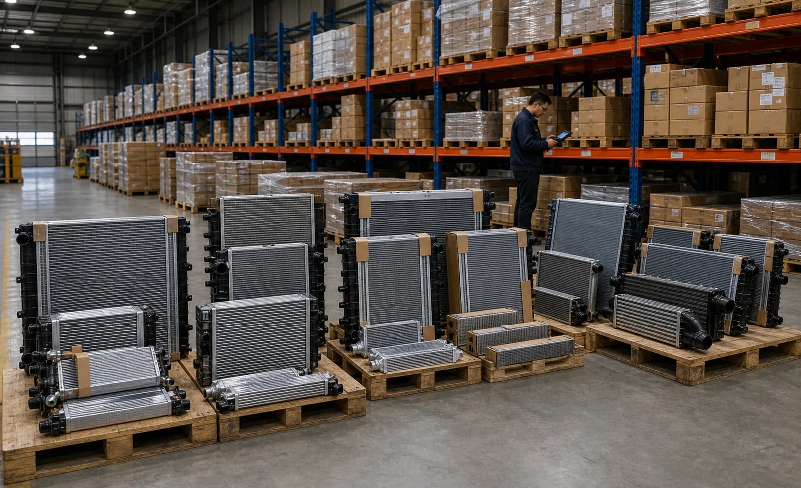 Warehouse scene prepared for 4x4 cooling-parts sourcing and export planning
