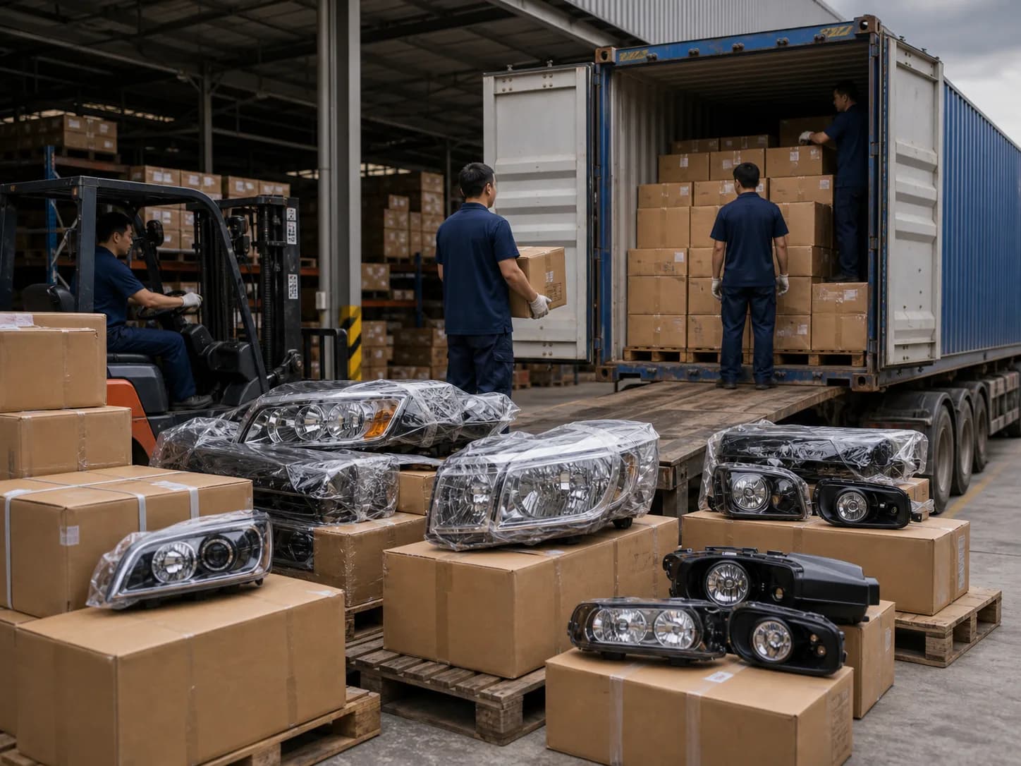Export-ready staging for mixed 4x4 headlight and lighting orders