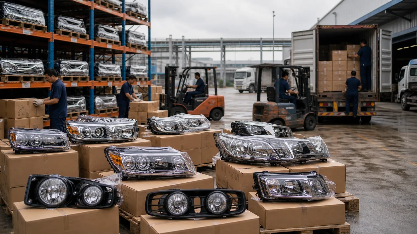 Warehouse yard prepared for 4x4 aftermarket headlight sourcing and export