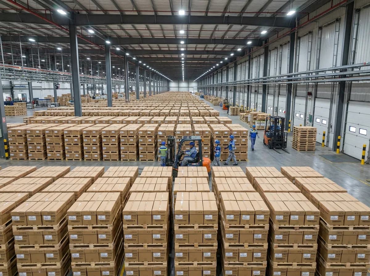 Large-scale automotive export warehouse in China with organized pallet rows and forklift operations