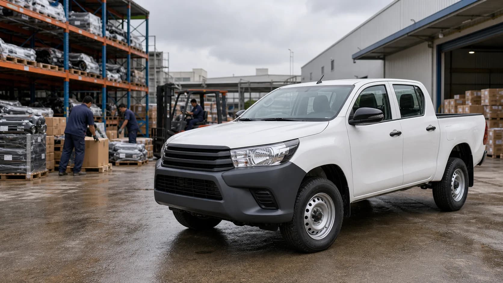Toyota Hilux pickup positioned in an export-parts warehouse yard