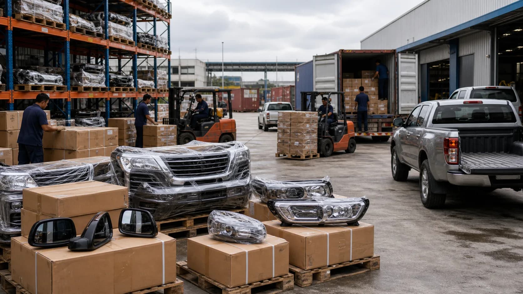 Export warehouse prepared for a mixed 4x4 parts order from China