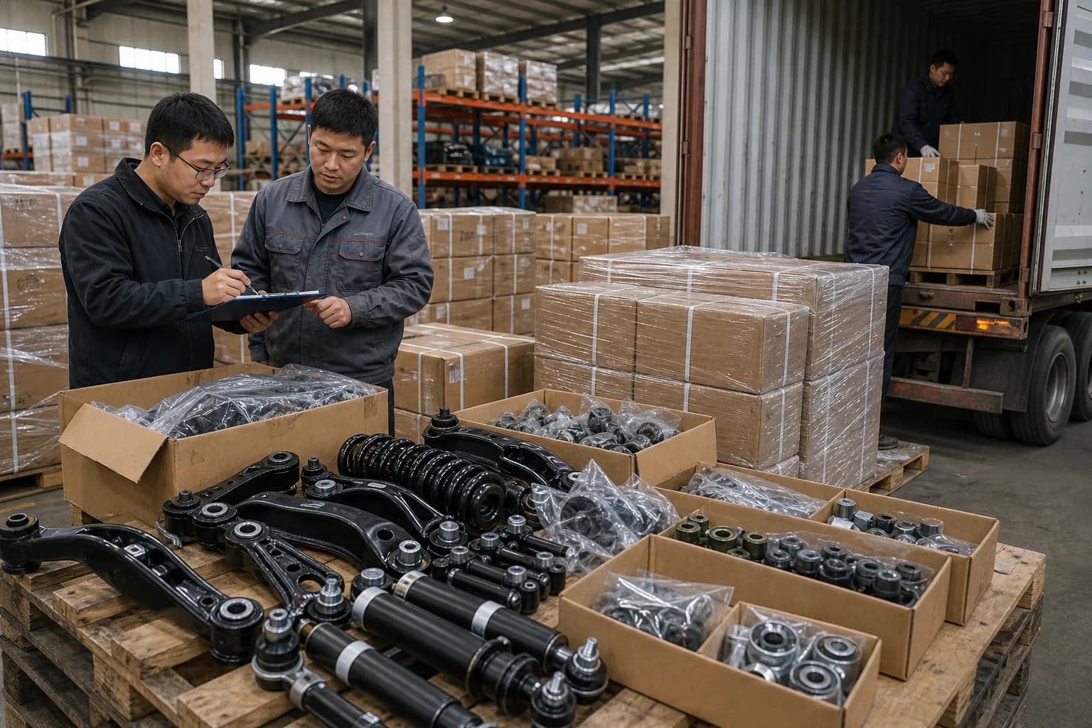 Suspension parts staged with heavy-carton export planning