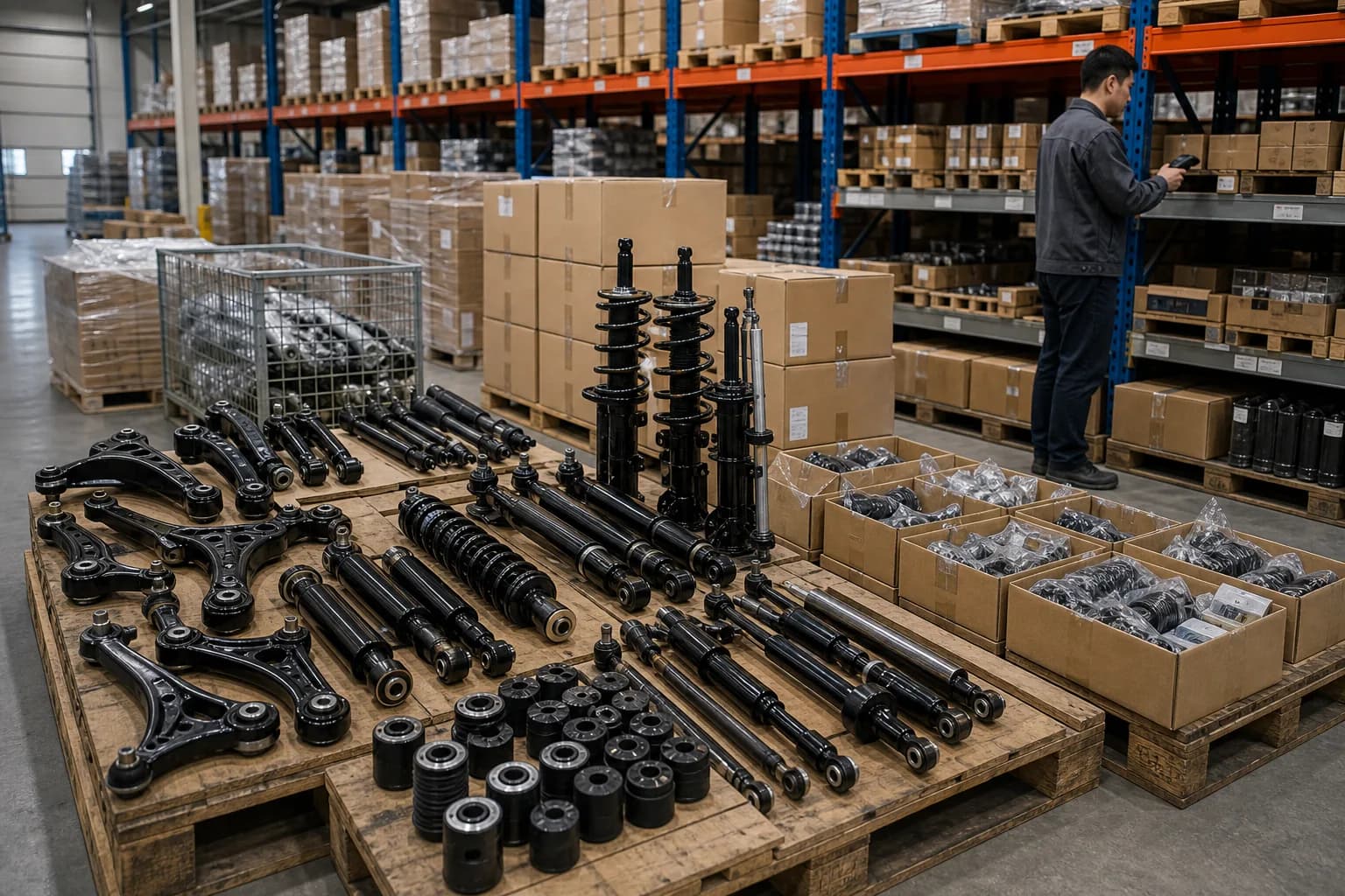 Warehouse scene prepared for 4x4 suspension-parts sourcing and export planning